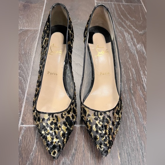 Christian Louboutin Black Gold Lace 85 Chiffon Leopard Pumps - Picture 1 of 5